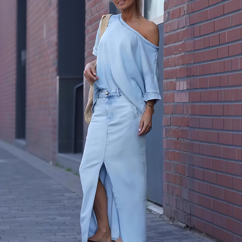Sif™ | Diagonal skuldertop med split denim maxi nederdel