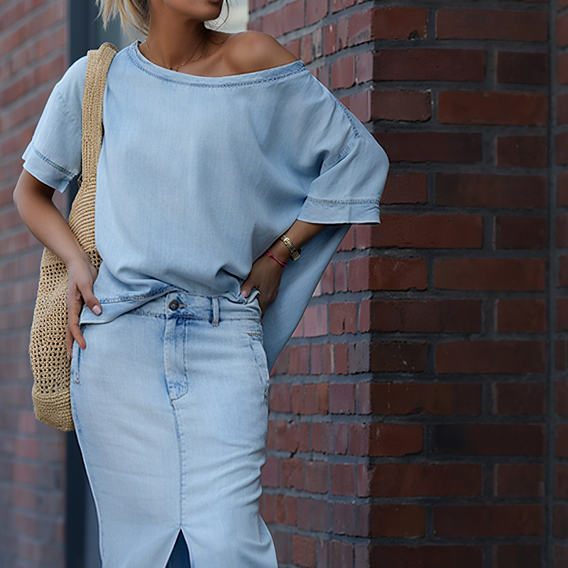 Sif™ | Diagonal skuldertop med split denim maxi nederdel