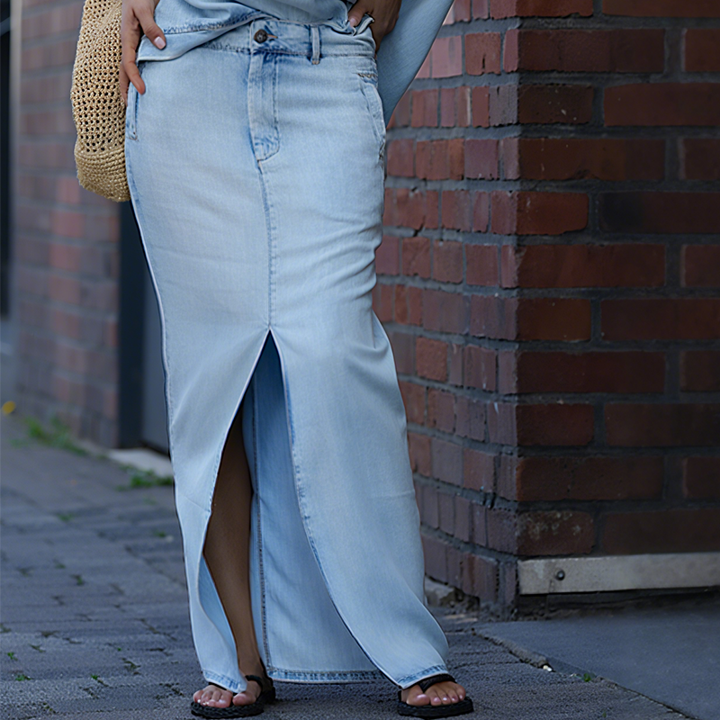Sif™ | Diagonal skuldertop med split denim maxi nederdel